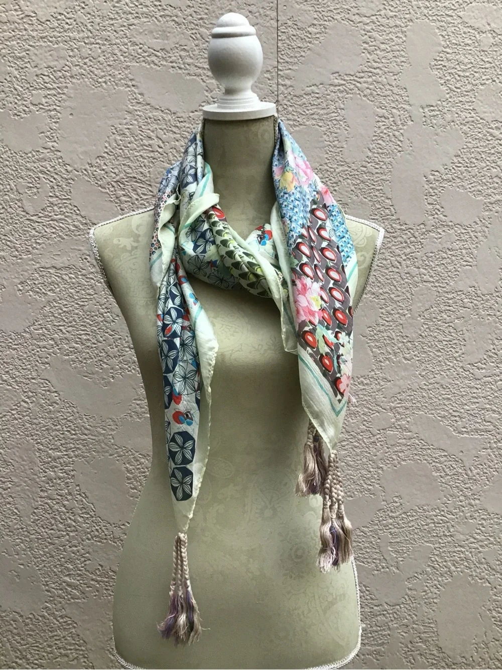 Johnny Was Mint Multi Floral Patchwork Tassel Scarf